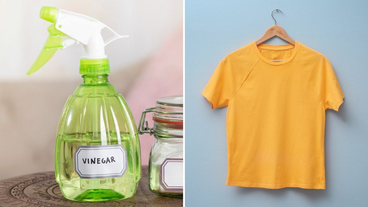 Vinegar is good at removing odors. Spray your clothes with a 1:1 mixture of white vinegar and water, then hang them up to dry.