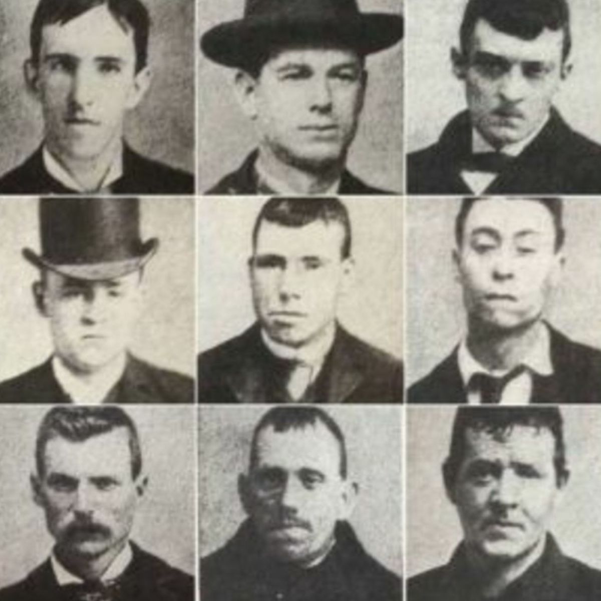 A rogue’s gallery of Whyo gangsters. Top row (left to right) Baboon Connolly, Josh Hines, Bull Hurley. Middle row: Clops Connolly, Dorsey Doyle, Googy Corcoran. Bottom row: Mike Lloyd, Piker Ryan, Red Rocks Farrell
