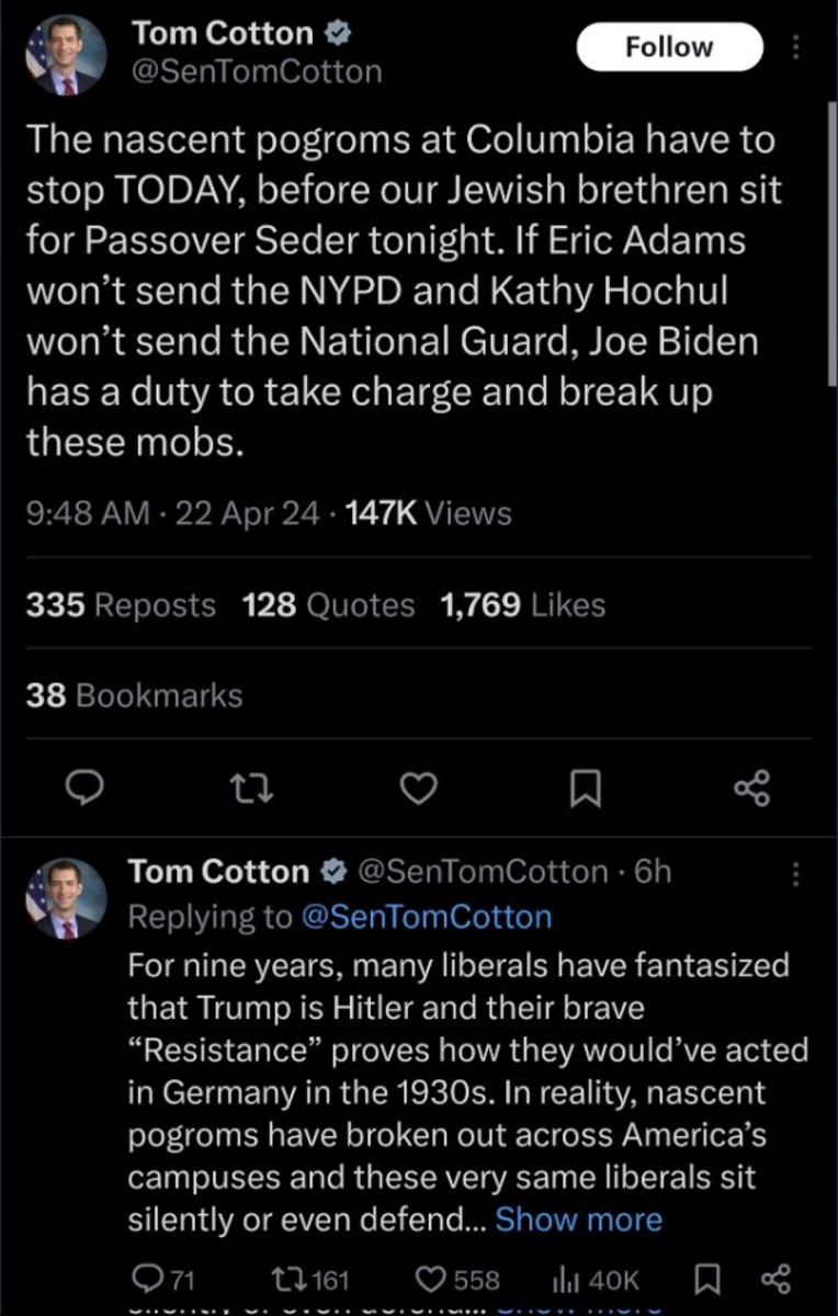 A History of Calling for Violence: Tom Cotton's Incitement Represents a Failure of Law Enforcement