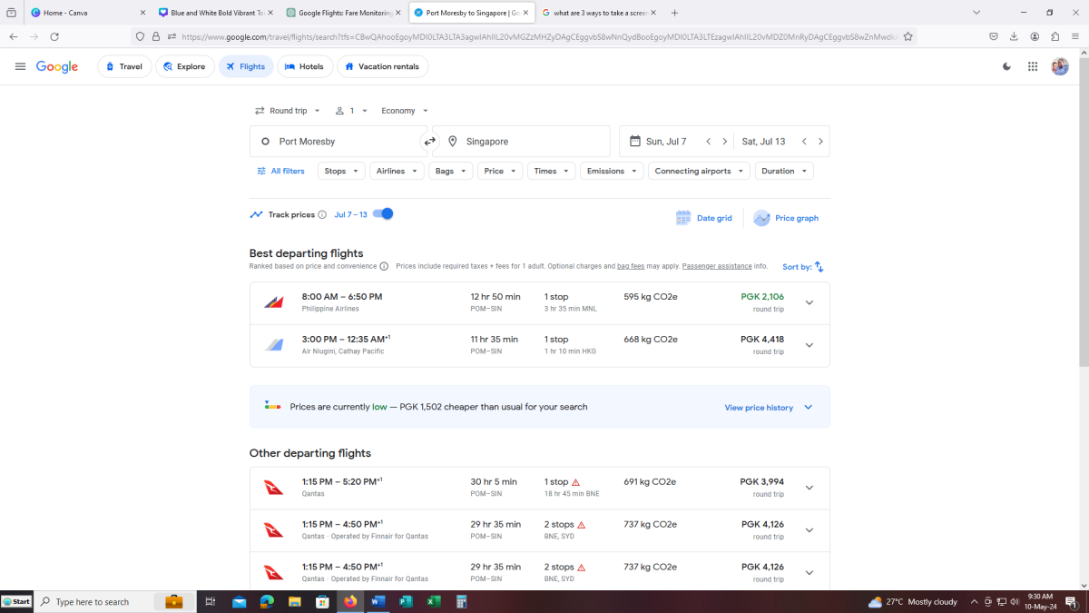 Google flight interface