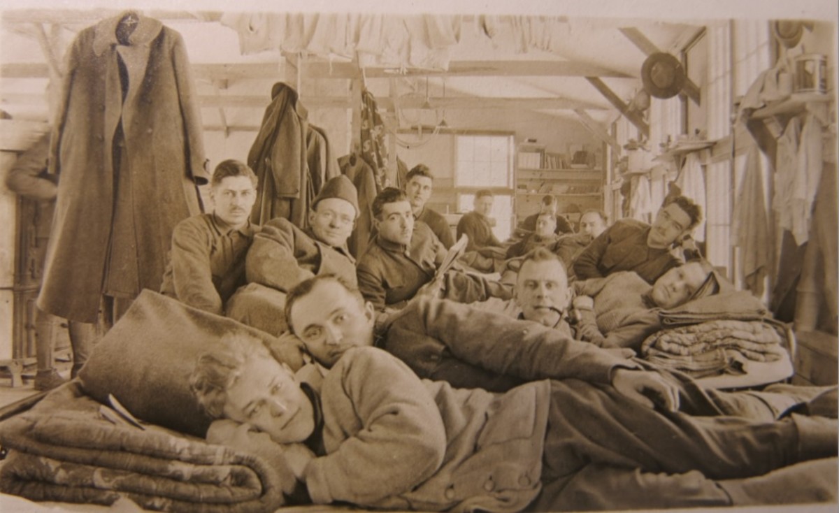 Enlisted men in Barracks at Ft. Dix, NJ in 1917. Walter Fraser reclining on back in 2nd Row, 2nd from left Enlisted men in Barracks at Ft. Dix, NJ in 1917. Walter Fraser reclining on back in 2nd Row, 2nd from left