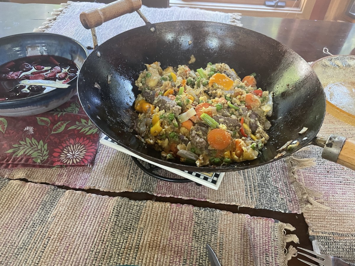 Polenta, fried-rice style, with vegetables and steak recipe