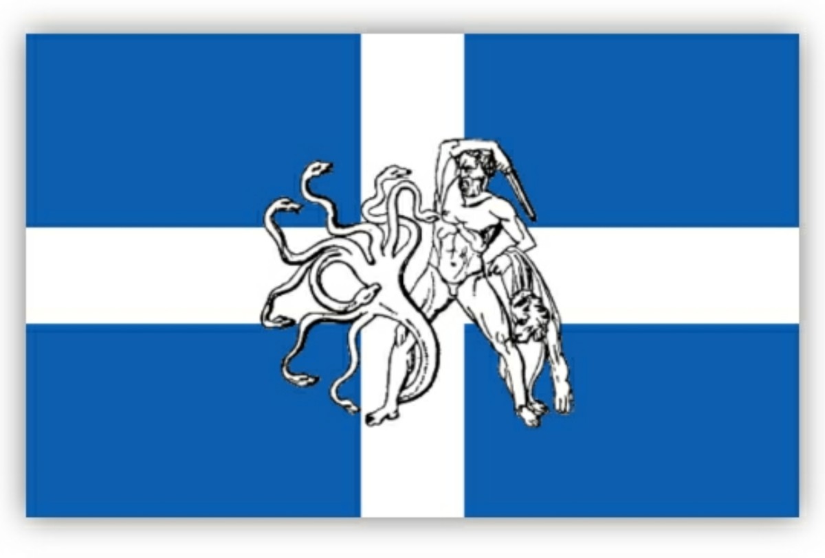 The flag of the Greek National Socialist party displays Hercules killing a Hydra. The flag of the Greek National Socialist party displays Hercules killing a Hydra.