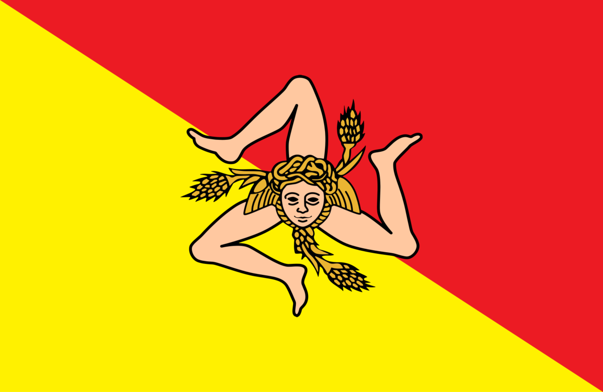 The flag of Sicily, Italy features the head of Medusa, a monster from Greek mythology with snakes for hair and could turn anyone who looked at her into stone. The flag of Sicily, Italy features the head of Medusa, a monster from Greek mythology with snakes for hair and could turn anyone who looked at her into stone.