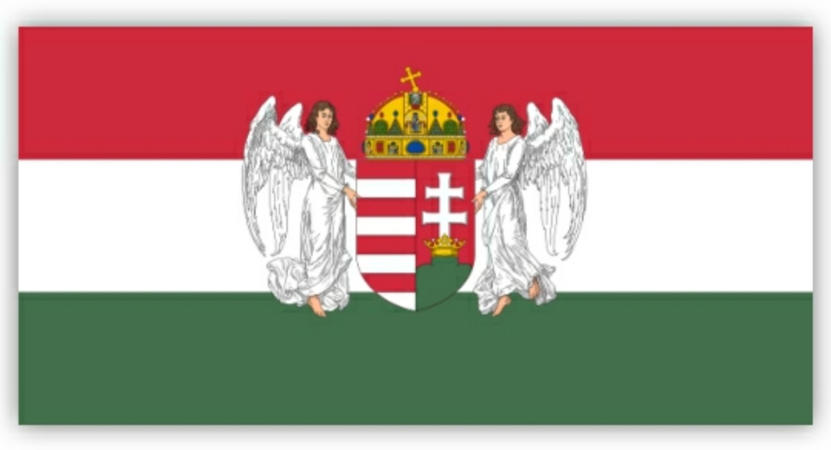 Flag of Kingdom of Hungary (1896-1915). It showcased two angels. Flag of Kingdom of Hungary (1896-1915). It showcased two angels.