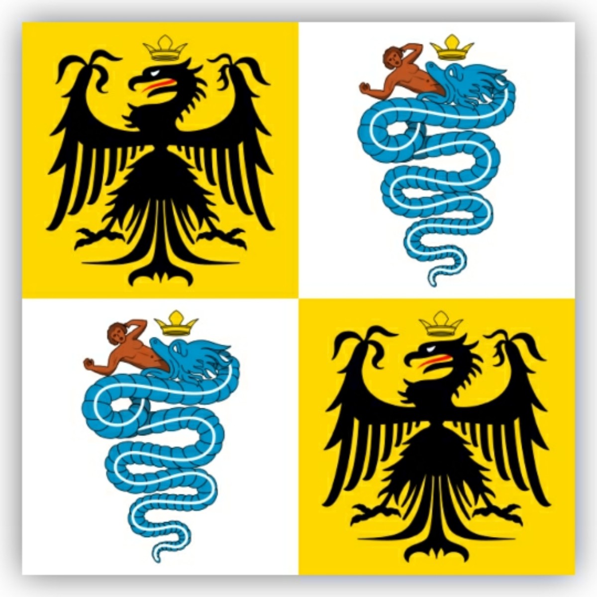 Flag of Duchy of Milan (1395-1447, 1450-1499 & 1526 -1796). It displayed two images of biscione (or vipera), a divine snake that brought humanity into existence through its mouth. Flag of Duchy of Milan (1395-1447, 1450-1499 & 1526 -1796). It displayed two images of biscione (or vipera), a divine snake that brought humanity into existence through its mouth.