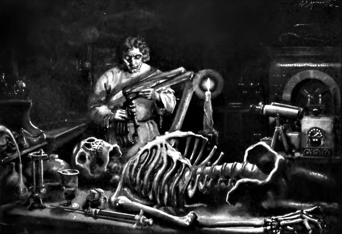 Frankenstein and science: a topic that has been poured over since the novel's publication. Was Shelley asking us to ponder what happens when science assumes the role of creation? Above is an illustration of Dr. Frankenstein in his laboratory.