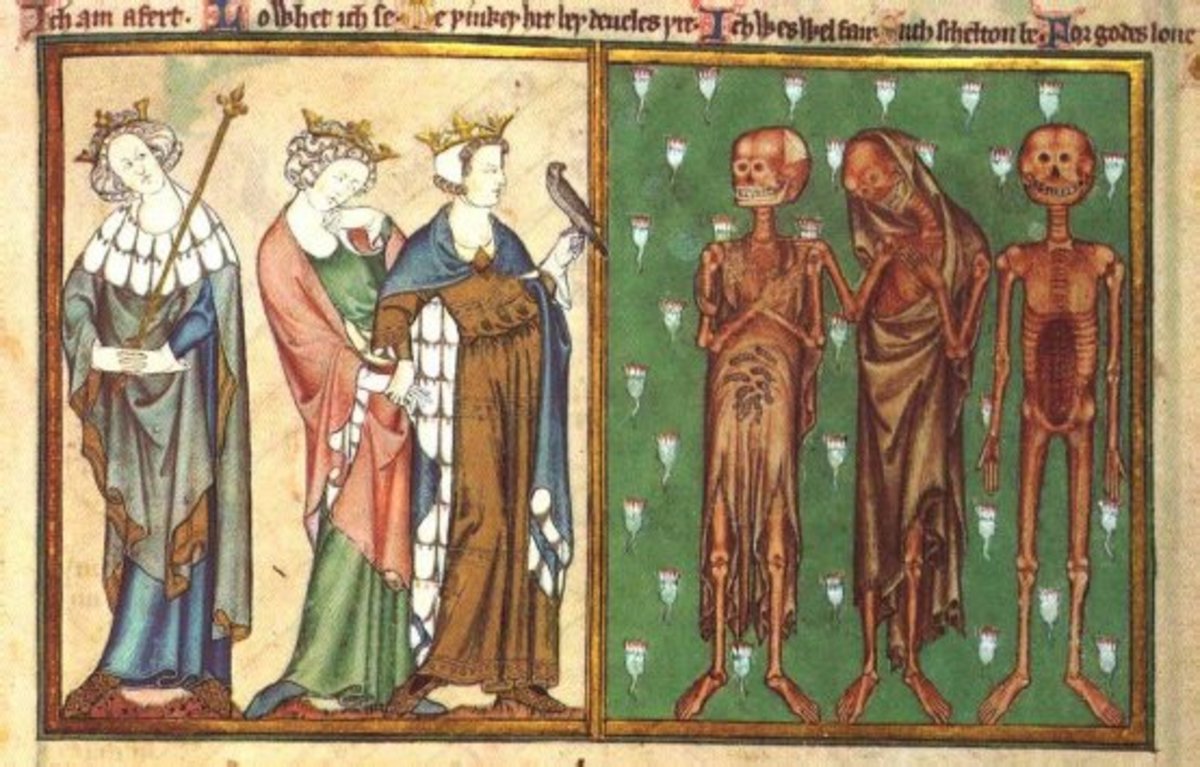 Illustration from the "De Lisle Psalter" manuscript (1308–1320), depicting the Three Living and the Three Dead