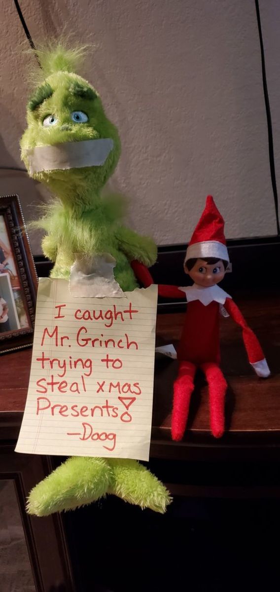 Grinch terrorizing our Elf on the Shelf