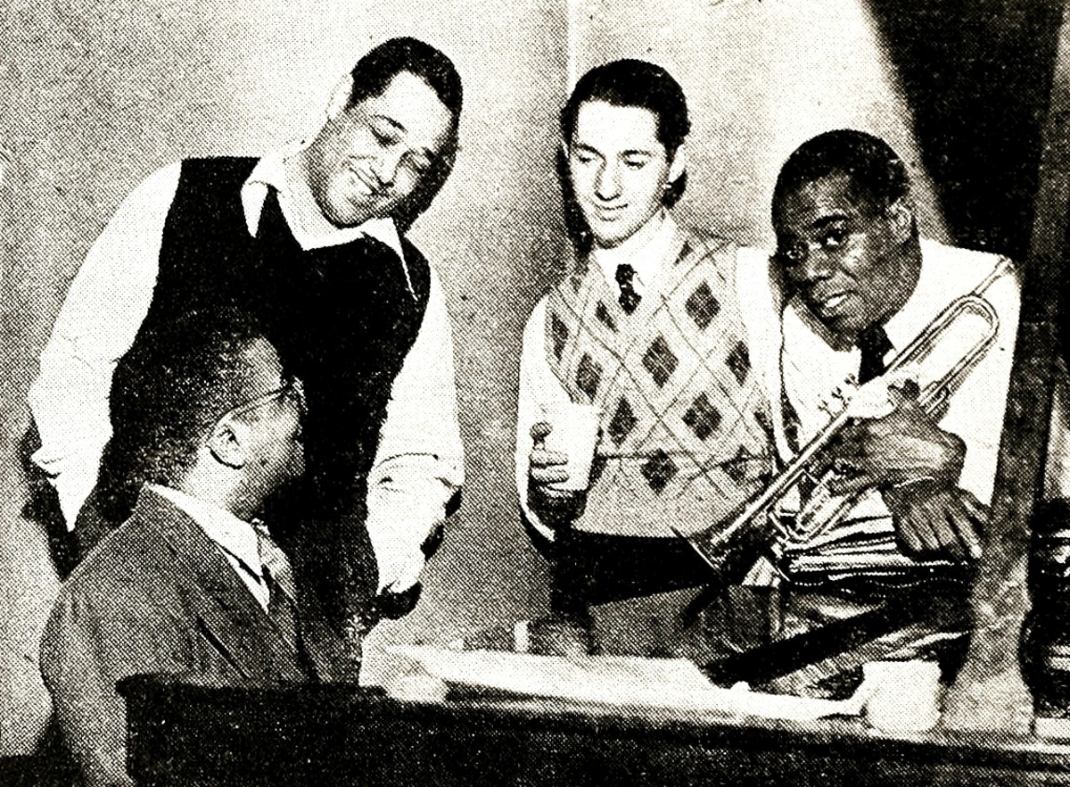 Left to right: Billy Strayhorn, Duke Ellington, jazz critic Leonard Feather, and Louis Armstrong, 1946