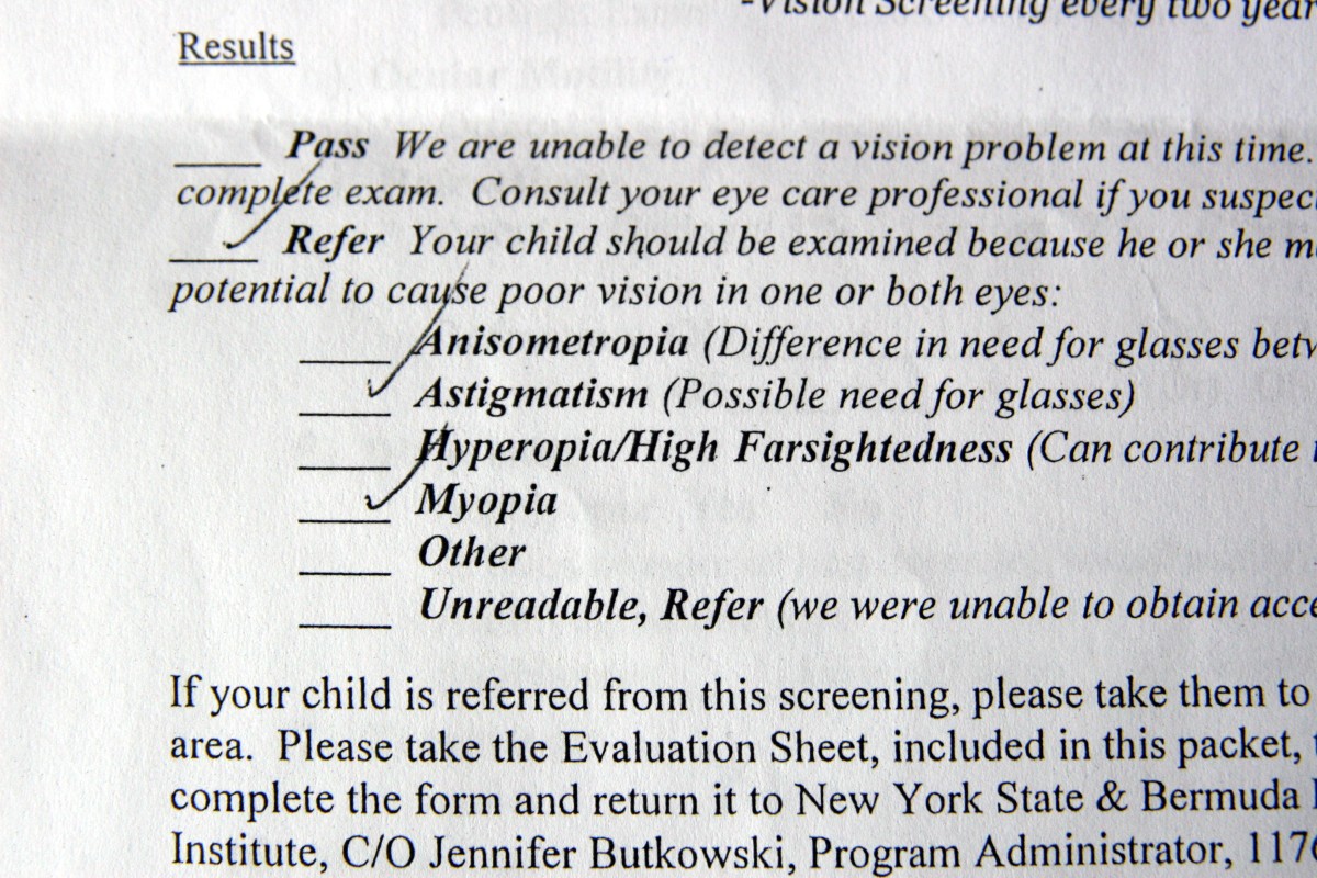The dreaded "refer" result on my son's preschool vision screening form. The Lion's Club free vision screening program detected a problem that our pediatrician hadn't: our son was blind in one eye.