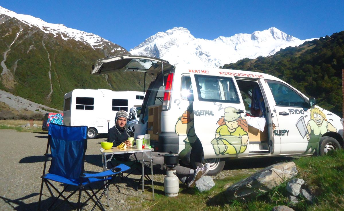 Cooking in a campervan at Mount Cook in New Zealand