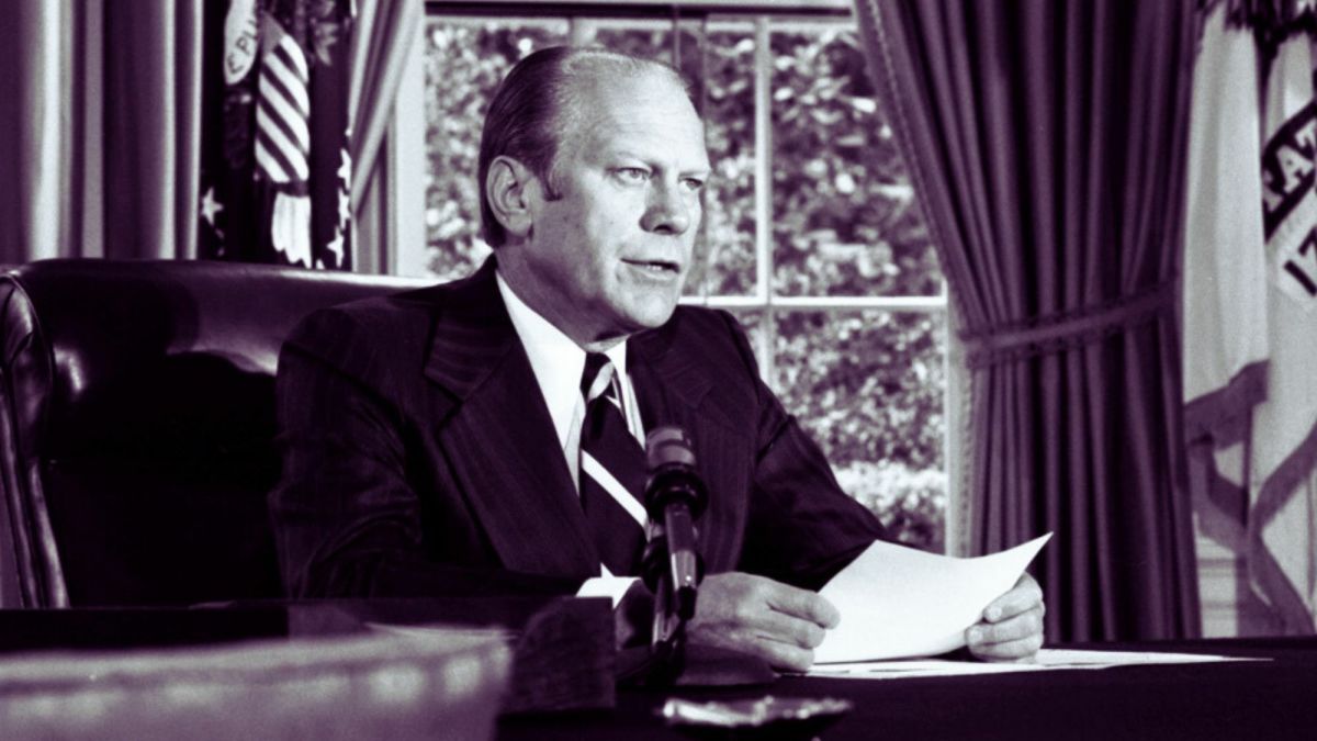President Gerald Ford announcing his full pardon for former president Richard Nixon