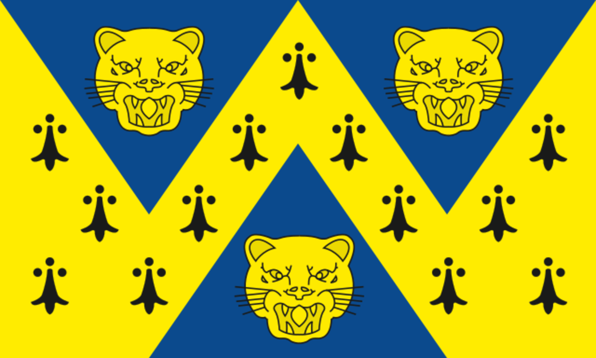 The flag of Shropshire County, England shows three heads of leopards. The flag of Shropshire County, England shows three heads of leopards.