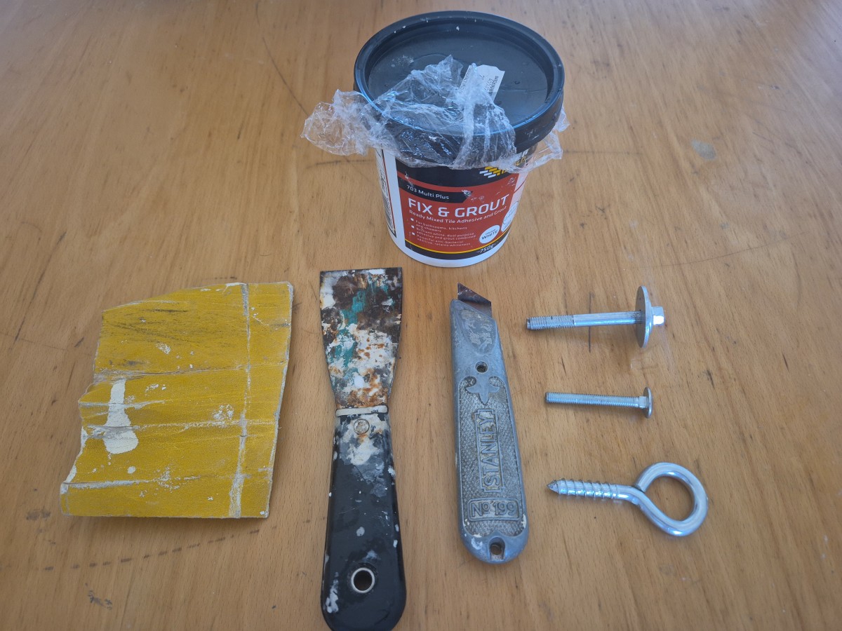 1. Course Sandpaper. 2. Screwdriver. 3. Stanley Knife. 4, Bolts. 5. Eye Bolt. 6. Grout. 1. Course Sandpaper. 2. Screwdriver. 3. Stanley Knife. 4, Bolts. 5. Eye Bolt. 6. Grout.