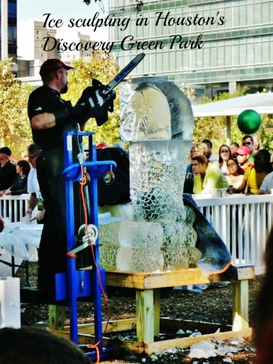 January Day at Discovery Green Park in Downtown Houston, TX: Ice Sculpture, Ice Skating, and More