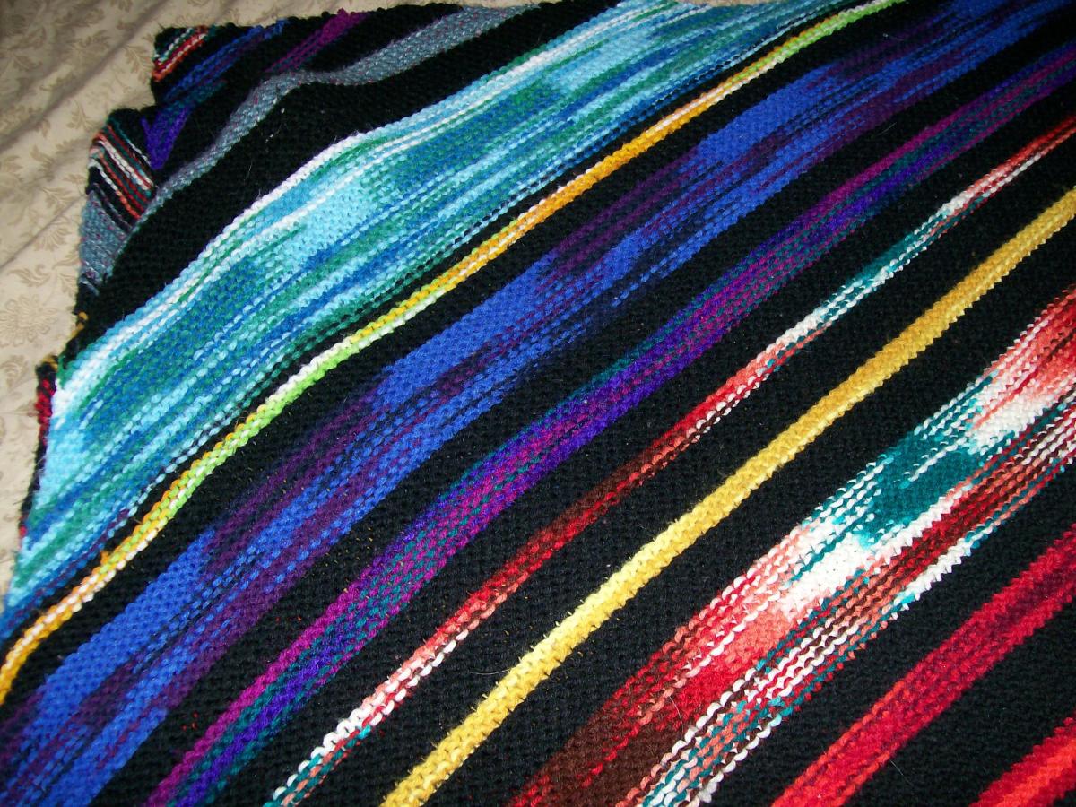 Stripes of ombre yarn separated by stripes of black yarn. It makes the colors pop.