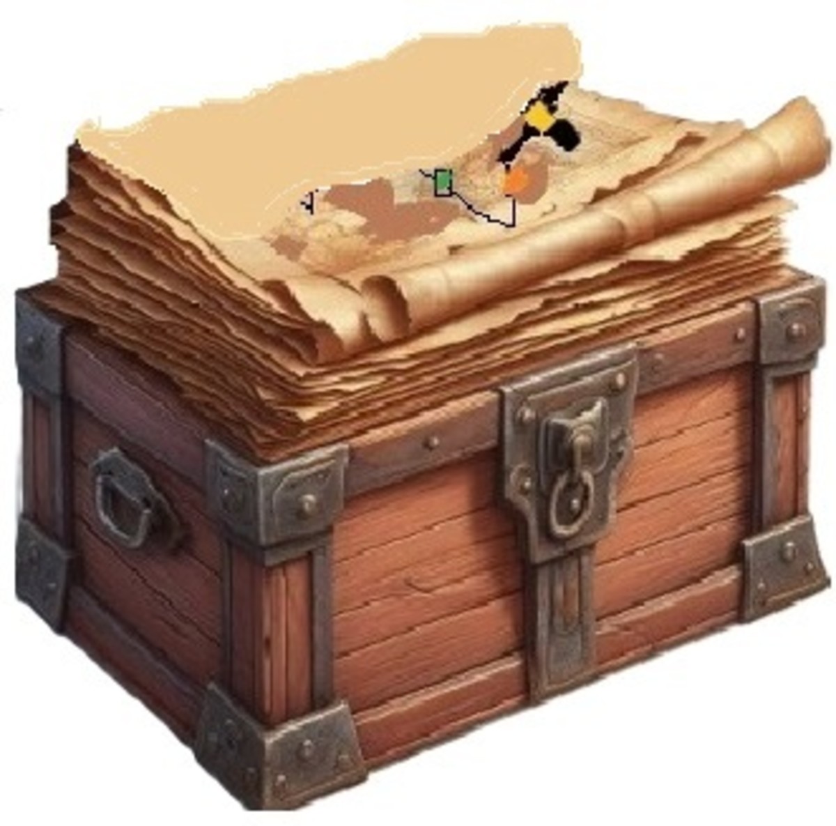 A Partially exposed drawing, perhaps a map, sat on a chest beside Nell. AI assisted picture.